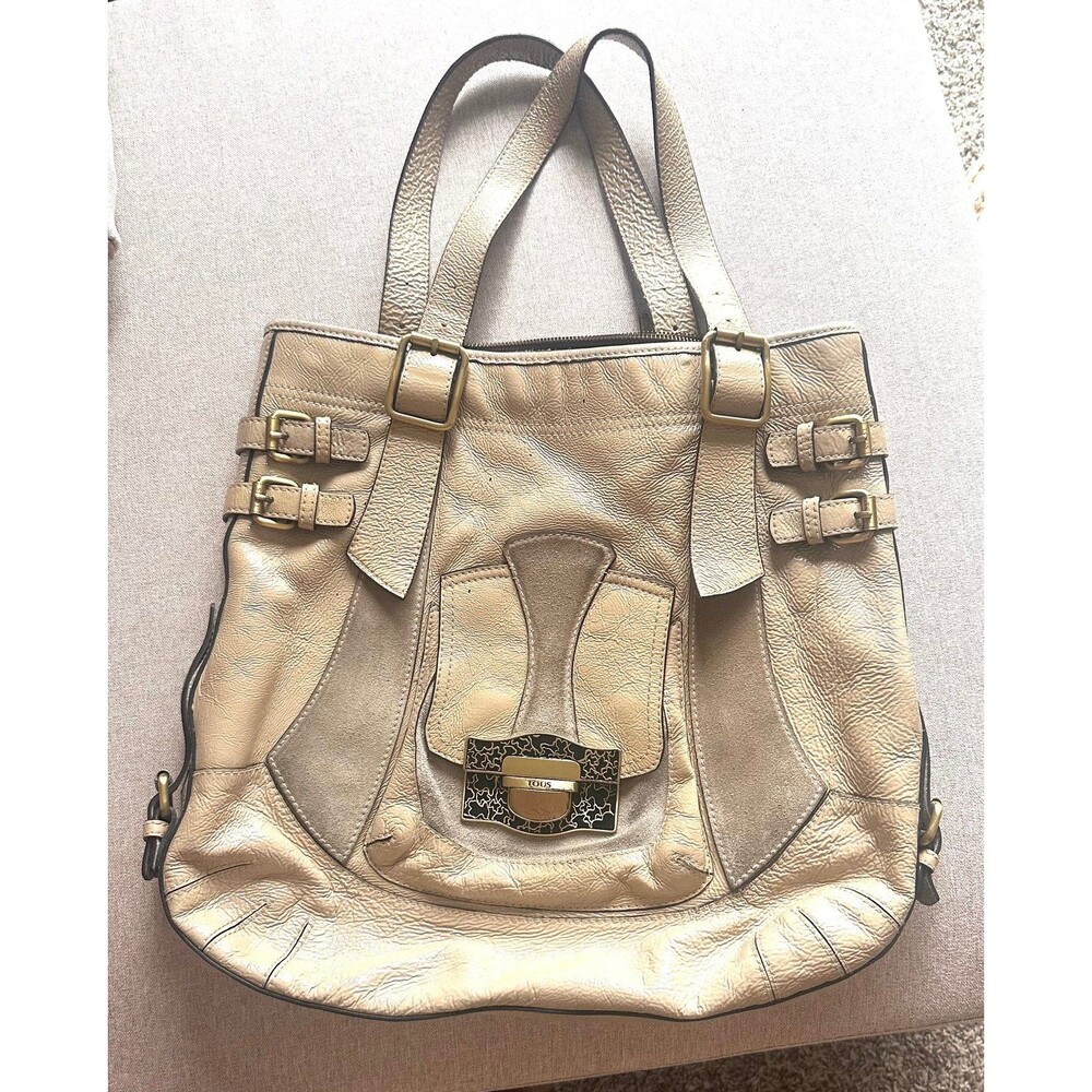 TOUS Authentic VTG Beige Patent Leather-Suede large Beige Hand-Shoulder Purse